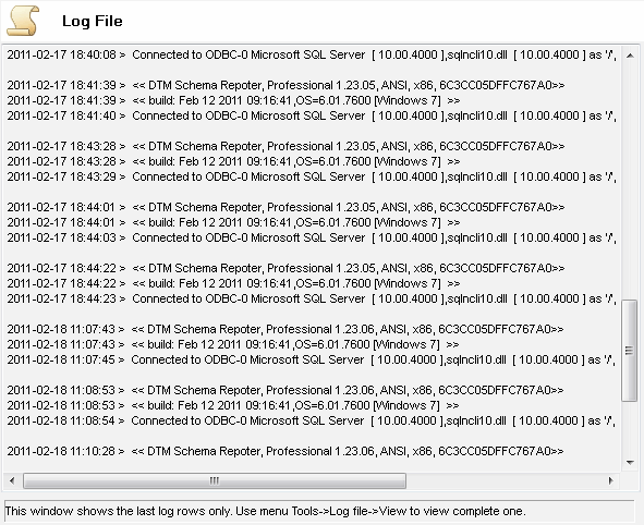 DTM Schema Reporter: log viewer